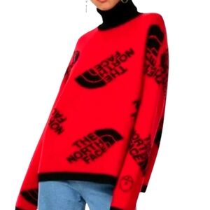 The North Face Logo Heavy 100% Merino Black/Red Knit Top Sweater Size L